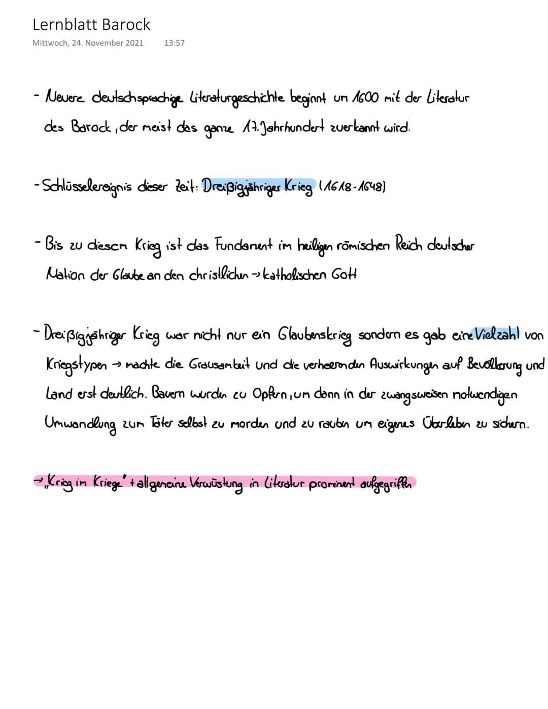 Lernblatt Barock
Mittwoch, 24. November 2021
13:57
- Nevere deutschsprachige Literaturgeschichte beginnt UM 1600 mit der Literatur
des Baroc