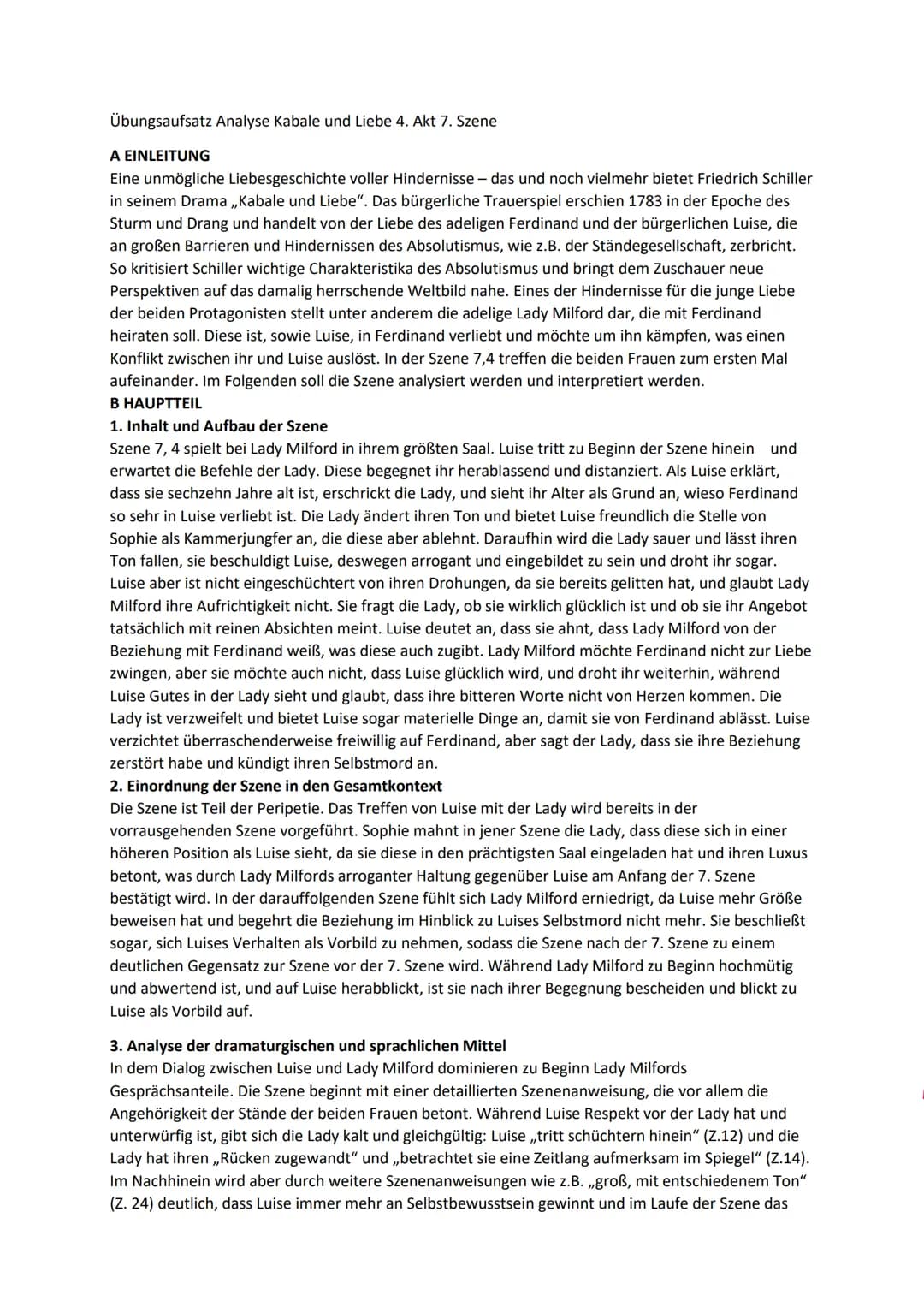 Übungsaufsatz Analyse Kabale und Liebe 4. Akt 7. Szene
A EINLEITUNG
Eine unmögliche Liebesgeschichte voller Hindernisse - das und noch vielm