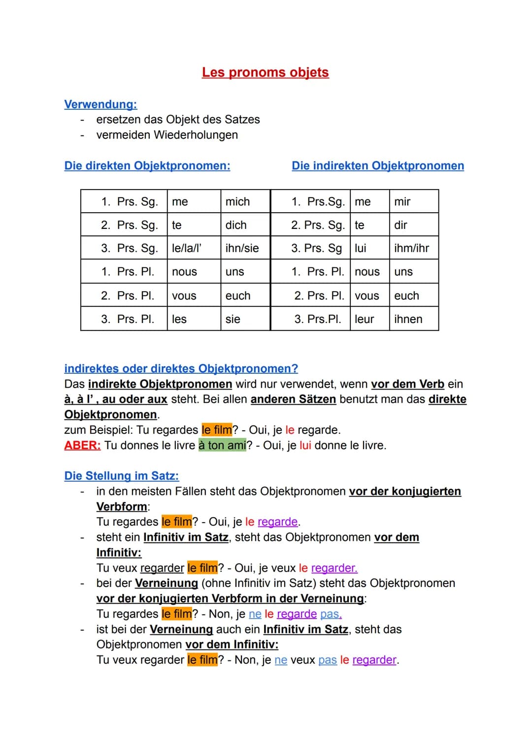 Verwendung:
ersetzen das Objekt des Satzes
vermeiden Wiederholungen
Die direkten Objektpronomen:
1. Prs. Sg. me
2. Prs. Sg.
te
3. Prs. Sg.
1