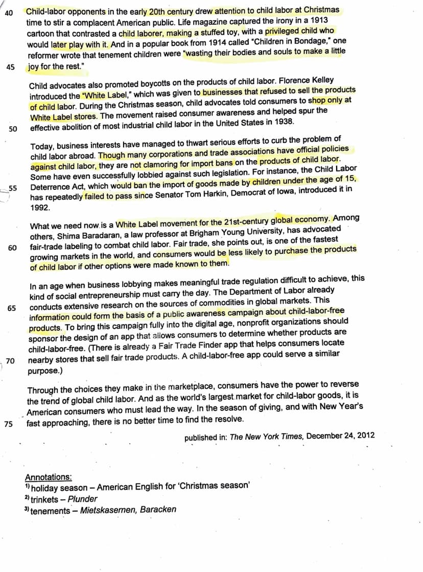 Tasks:
us.
1. Describe the current situation regarding child labour and the approaches
to solving the problem, as depicted in the text.
2. A