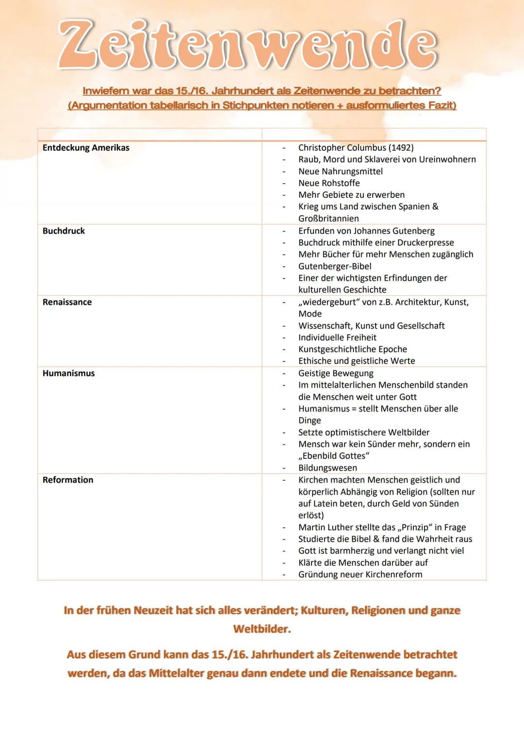 Zeitenwende
Inwiefern war das 15./16. Jahrhundert als Zeitenwende zu betrachten?
(Argumentation tabellarisch in Stichpunkten notieren + ausf