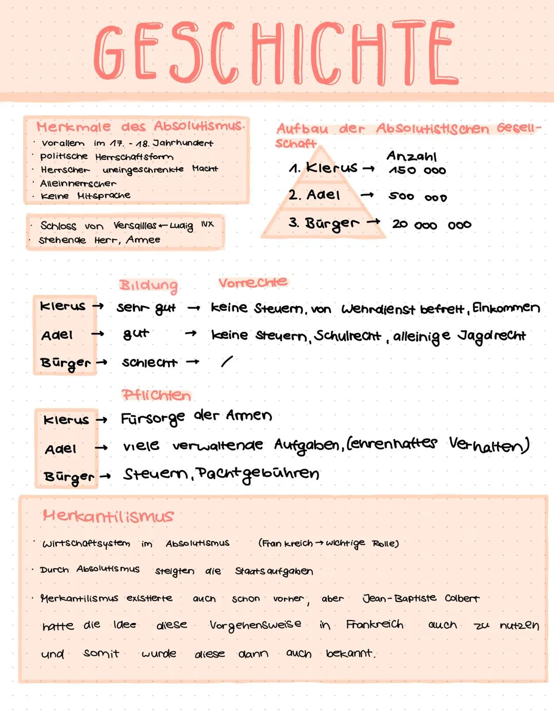 GESCHICHTE
Merkmale des Absolutismus.
· vorallem im 17. - 18. Jahrhundert
politische Herrschaftsform
Herrscher
uneingeschrenkte Macht
· Alle