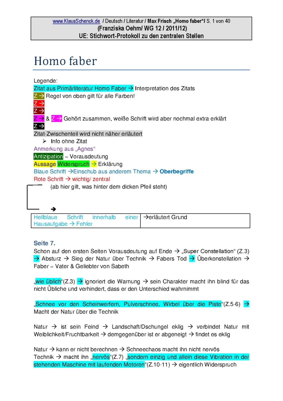 "Homo faber"/Frisch: Stichwort-Protokoll der gesamten Interpretation im Unterricht