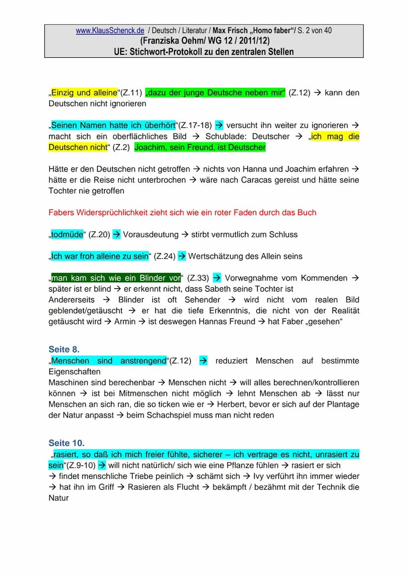 www.KlausSchenck.de / Deutsch / Literatur / Max Frisch ,,Homo faber"/ S. 1 von 40
(Franziska Oehm/ WG 12 / 2011/12)
UE: Stichwort-Protokoll 