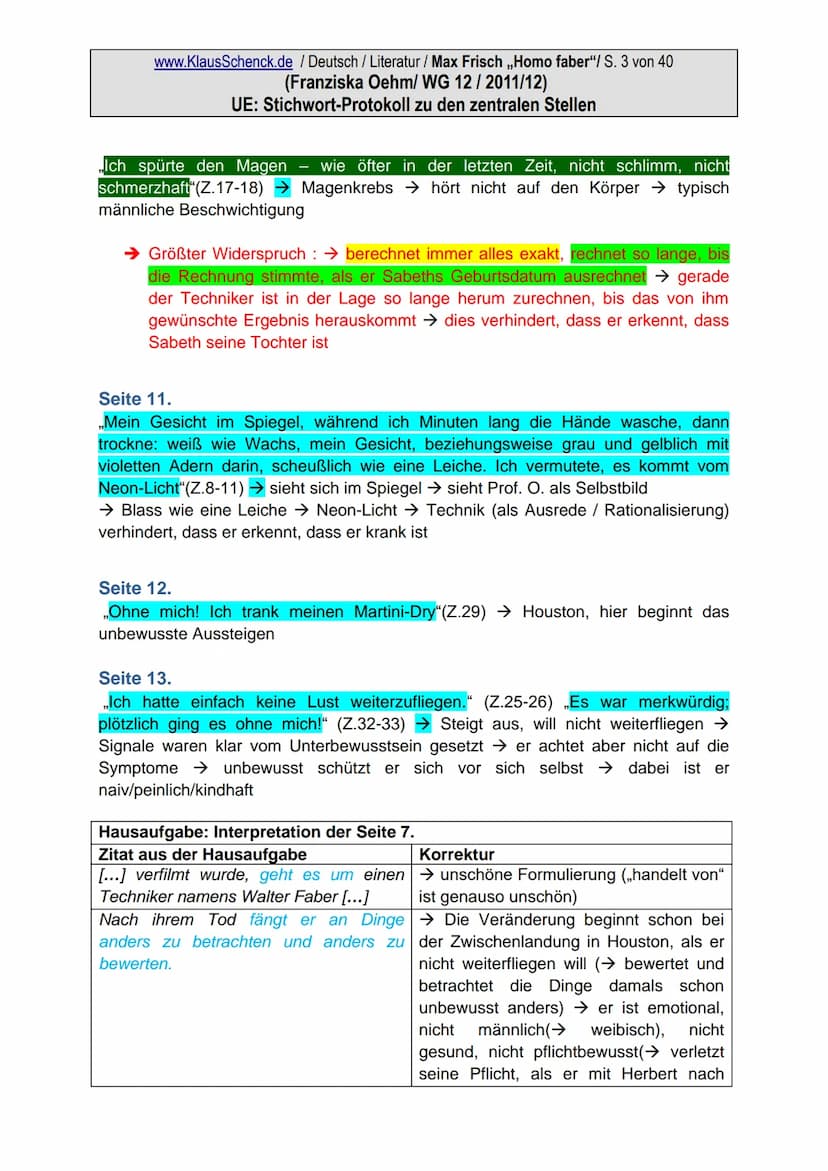www.KlausSchenck.de / Deutsch / Literatur / Max Frisch ,,Homo faber"/ S. 1 von 40
(Franziska Oehm/ WG 12 / 2011/12)
UE: Stichwort-Protokoll 