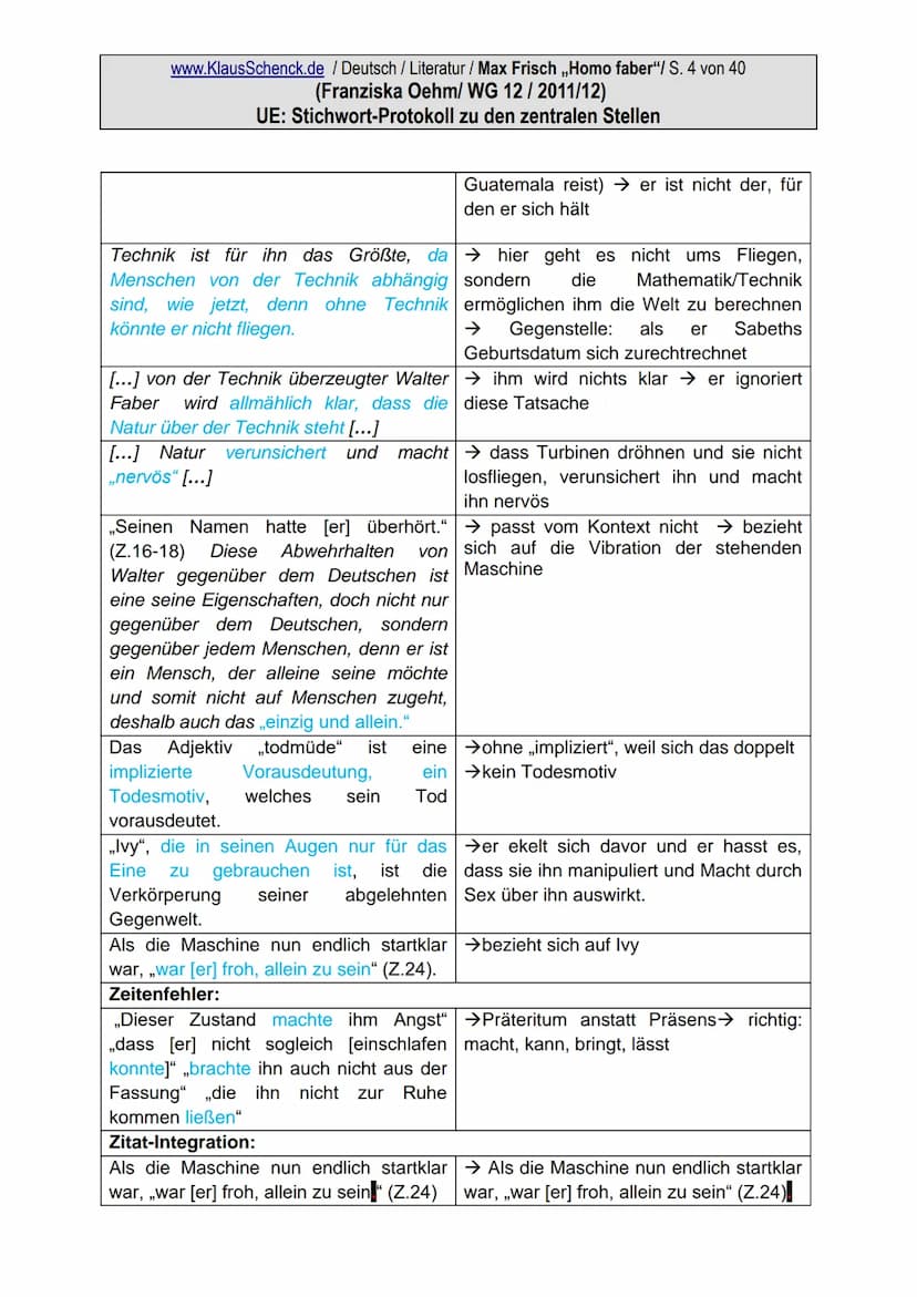 www.KlausSchenck.de / Deutsch / Literatur / Max Frisch ,,Homo faber"/ S. 1 von 40
(Franziska Oehm/ WG 12 / 2011/12)
UE: Stichwort-Protokoll 