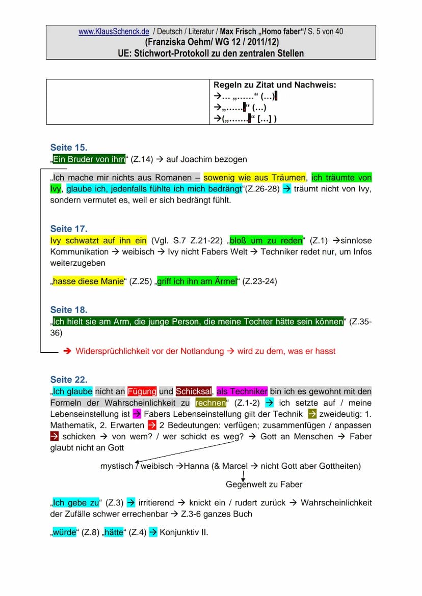 www.KlausSchenck.de / Deutsch / Literatur / Max Frisch ,,Homo faber"/ S. 1 von 40
(Franziska Oehm/ WG 12 / 2011/12)
UE: Stichwort-Protokoll 
