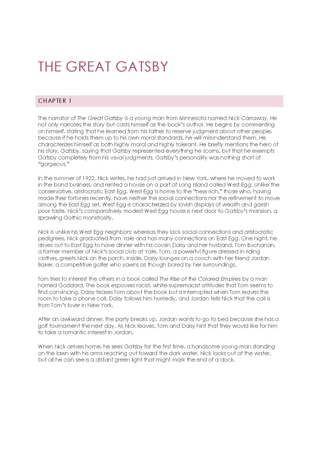 The Great Gatsby: Summaries and Character Insights for Chapters 1-7