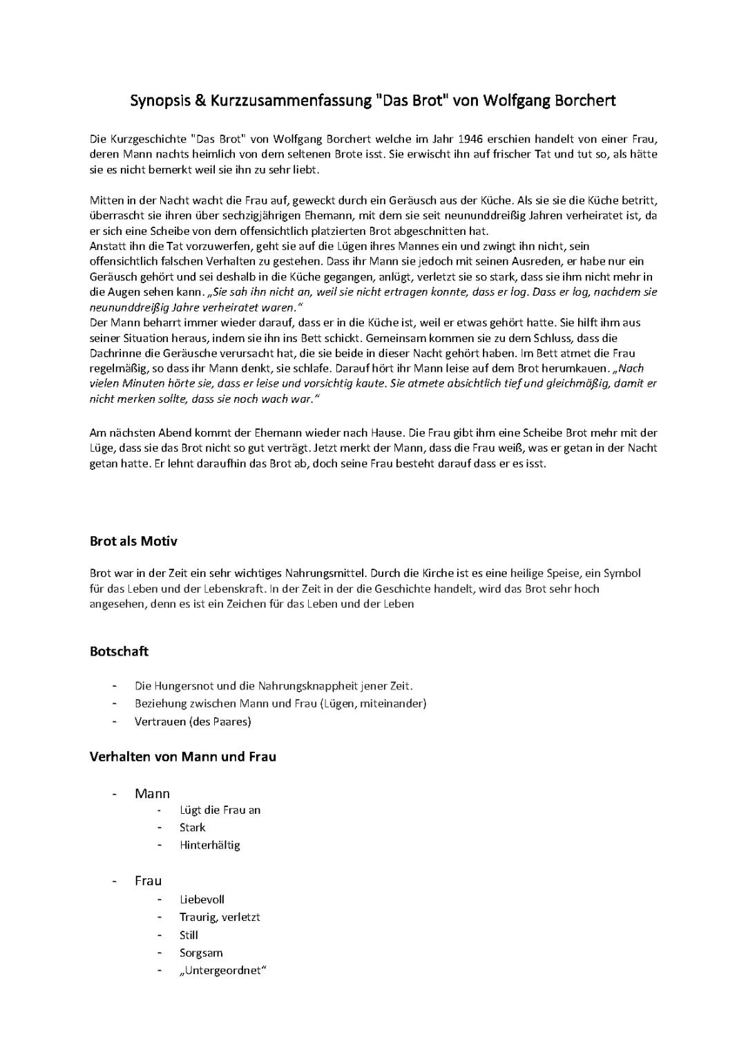 Synopsis & Kurzzusammenfassung "Das Brot" von Wolfgang Borchert
