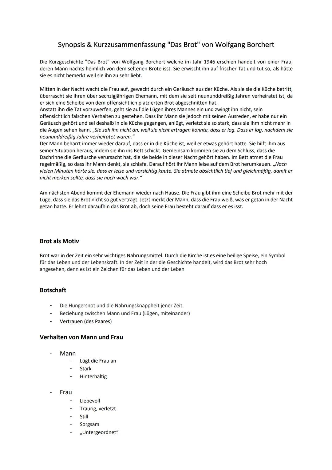 Synopsis & Kurzzusammenfassung "Das Brot" von Wolfgang Borchert
Die Kurzgeschichte "Das Brot" von Wolfgang Borchert welche im Jahr 1946 ersc