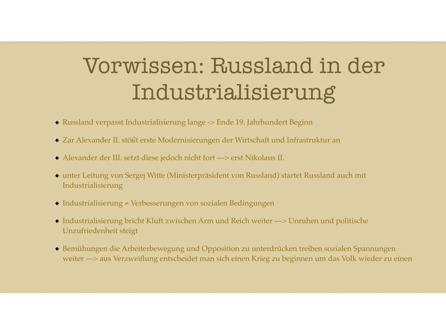 Ursachen und Anlässe für eine
Revolution Inhaltsverzeichnis
Russland in der Industrialisierung
Vorwissen
Ursachen Februarrevolution
Verlauf 
