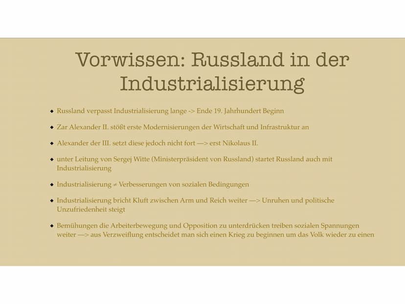 Ursachen und Anlässe für eine
Revolution Inhaltsverzeichnis
Russland in der Industrialisierung
Vorwissen
Ursachen Februarrevolution
Verlauf 
