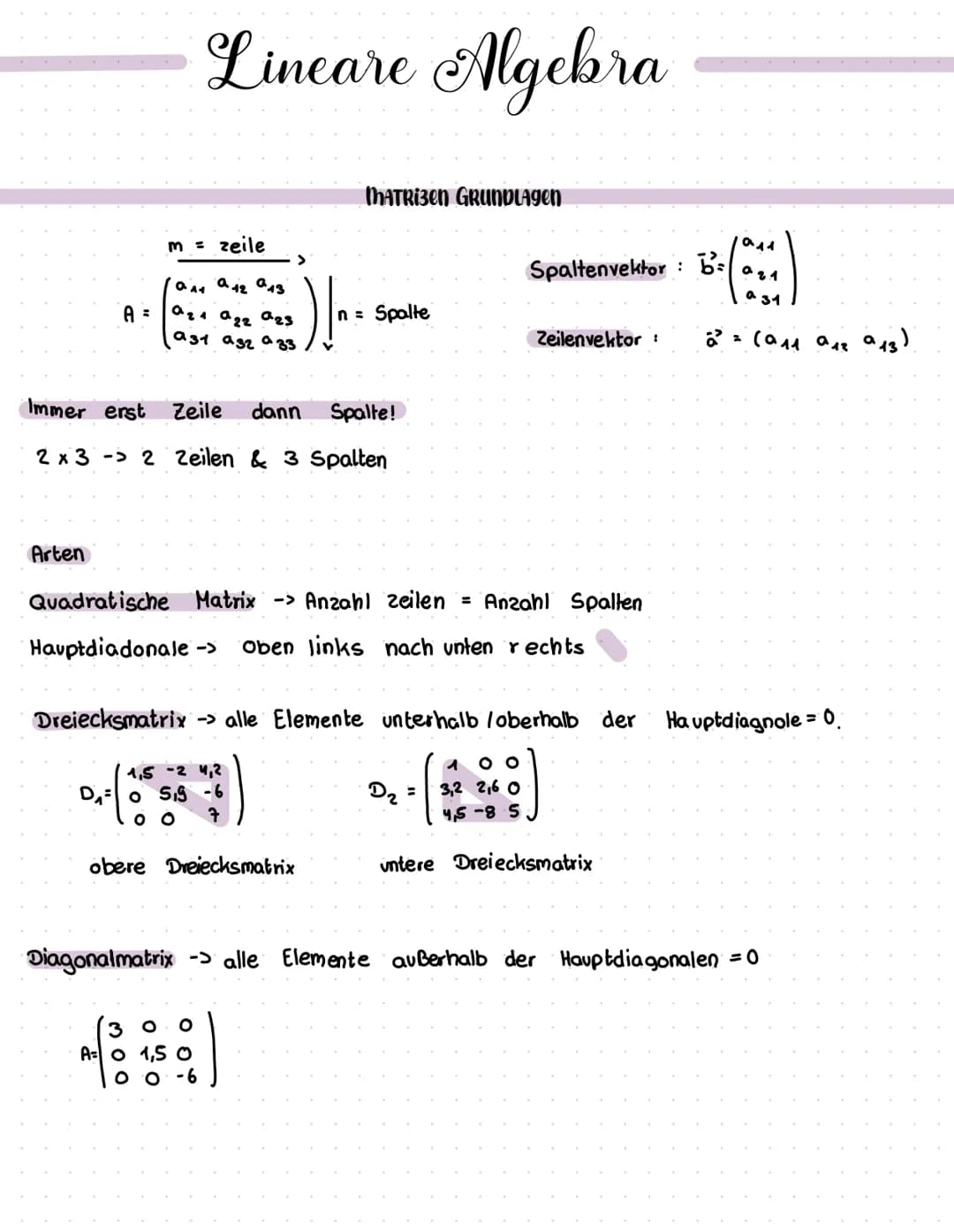 A =
Arten
Lineare Algebra
m = zeile
011 012 013
0₂1 022 023
(931 932 azz/n.
Immer erst Zeile dann Spalte!
2 x 32 Zeilen & 3 Spalten
MATRIBEN