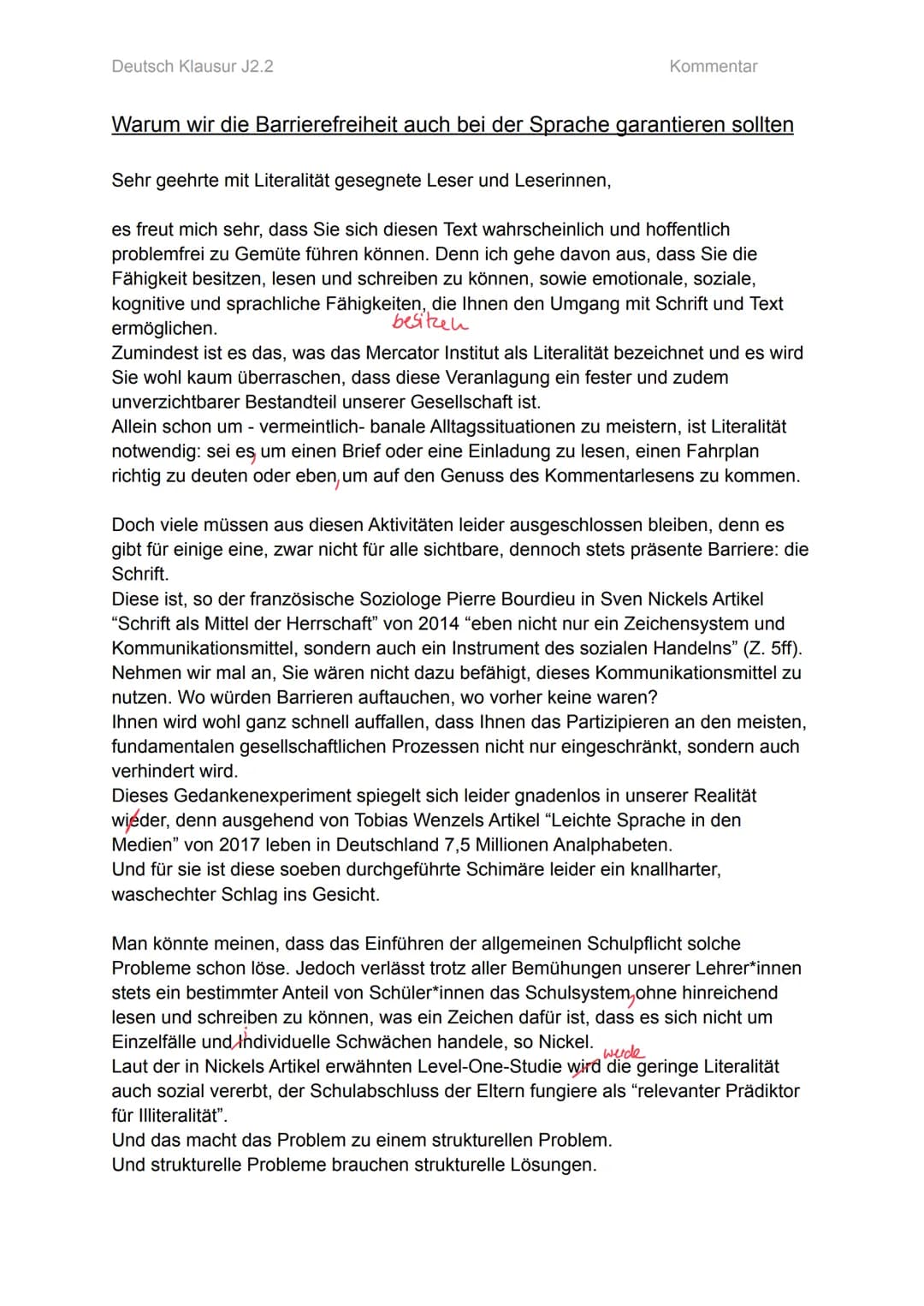 Deutsch Klausur J2.2
Kommentar
Warum wir die Barrierefreiheit auch bei der Sprache garantieren sollten
Sehr geehrte mit Literalität gesegnet
