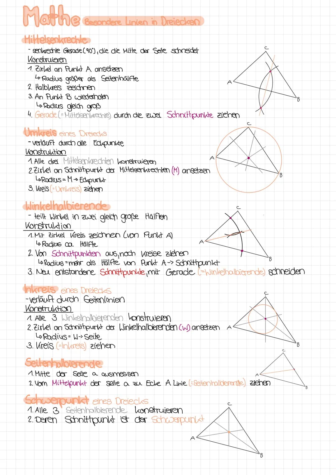 Mathe Besondere Linien in Dreiecken
Hiftelsenkrechte
- senkrechte Gerade (90), die die Mitte der Seite schneidet
Konstruieren
1. Zirkel an P