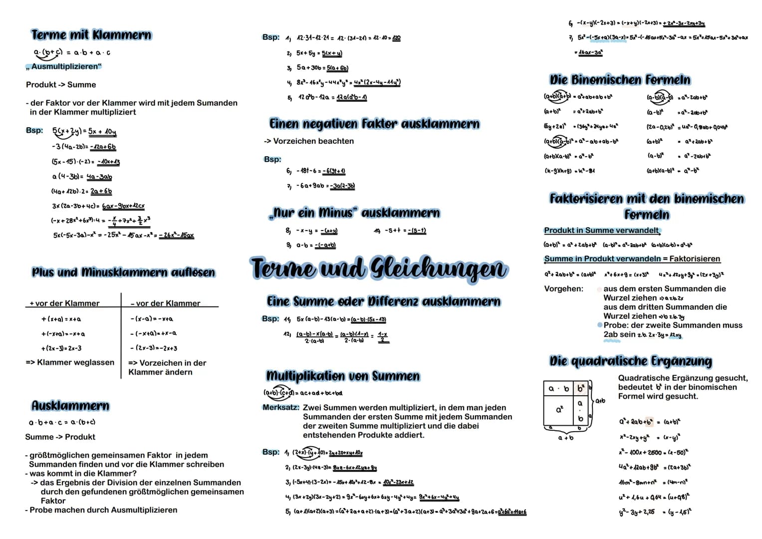 Terme mit Klammern
a. (b+c) = a·b + a.c
,, Ausmultiplizieren"
Produkt -> Summe
- der Faktor vor der Klammer wird mit jedem Sumanden
in der K