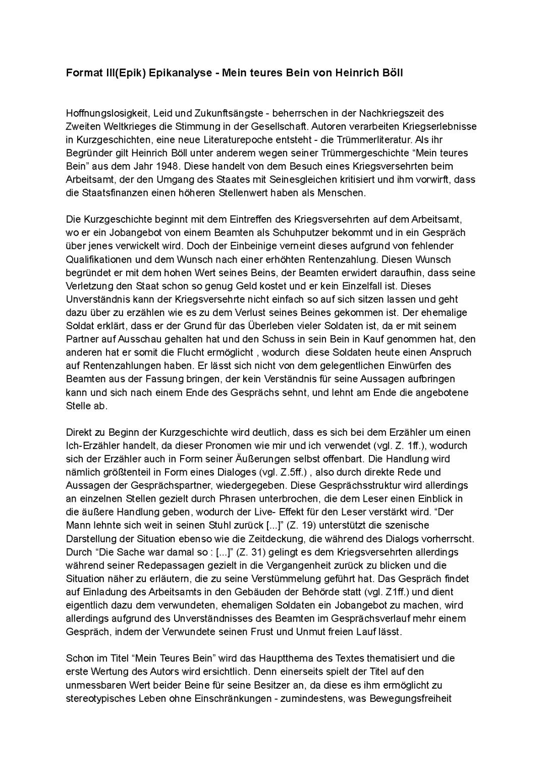 Mein teures Bein von Heinrich Böll – Analyse der Kurzgeschichte