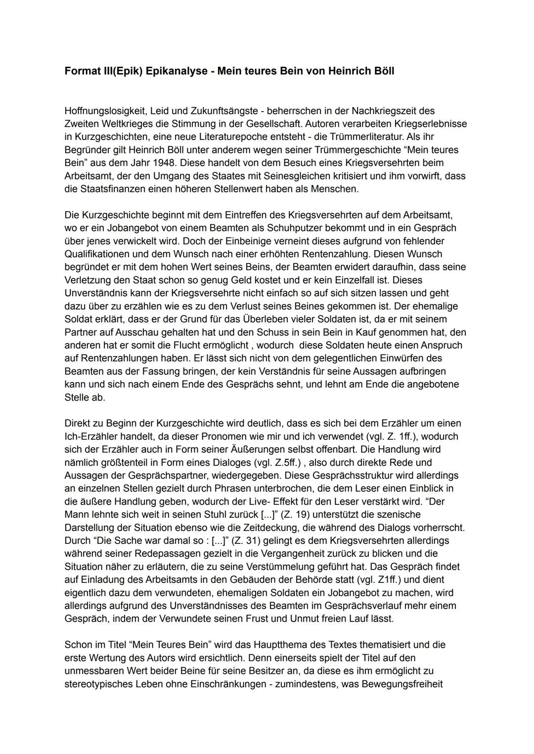 Format III (Epik) Epikanalyse - Mein teures Bein von Heinrich Böll
Hoffnungslosigkeit, Leid und Zukunftsängste - beherrschen in der Nachkrie