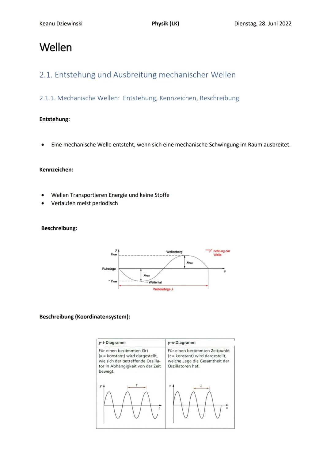 Keanu Dziewinski
Inhaltsverzeichnis
Physik (LK)
2.1. Entstehung und Ausbreitung mechanischer Wellen.
2.1.1. Mechanische Wellen: Entstehung, 