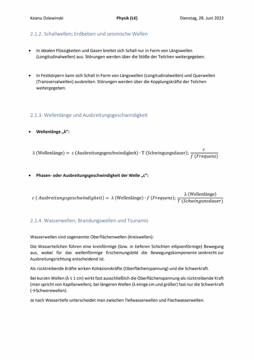 Keanu Dziewinski
Inhaltsverzeichnis
Physik (LK)
2.1. Entstehung und Ausbreitung mechanischer Wellen.
2.1.1. Mechanische Wellen: Entstehung, 