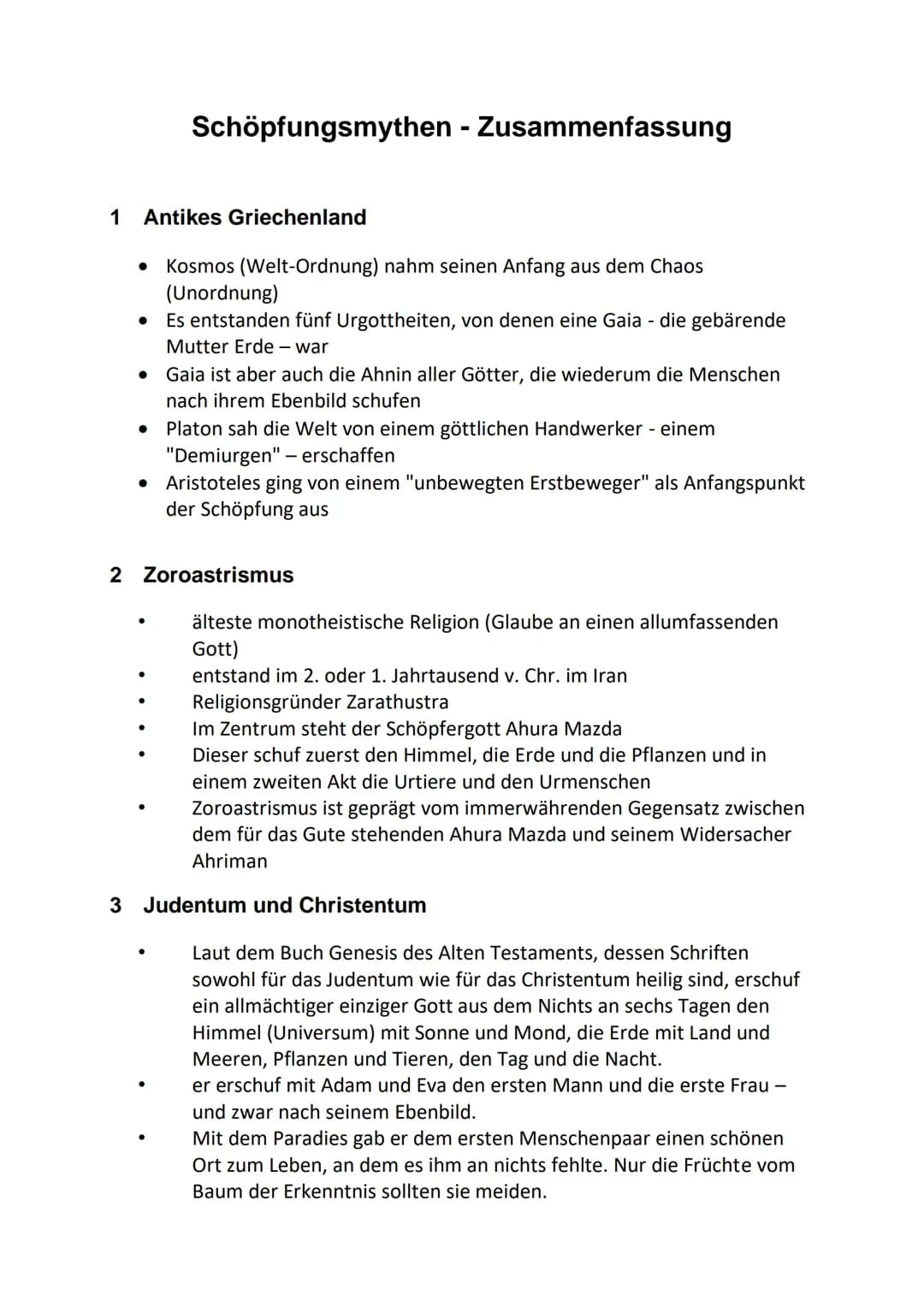 1 Antikes Griechenland
●
●
●
●
Schöpfungsmythen - Zusammenfassung
●
Kosmos (Welt-Ordnung) nahm seinen Anfang aus dem Chaos
(Unordnung)
Es en