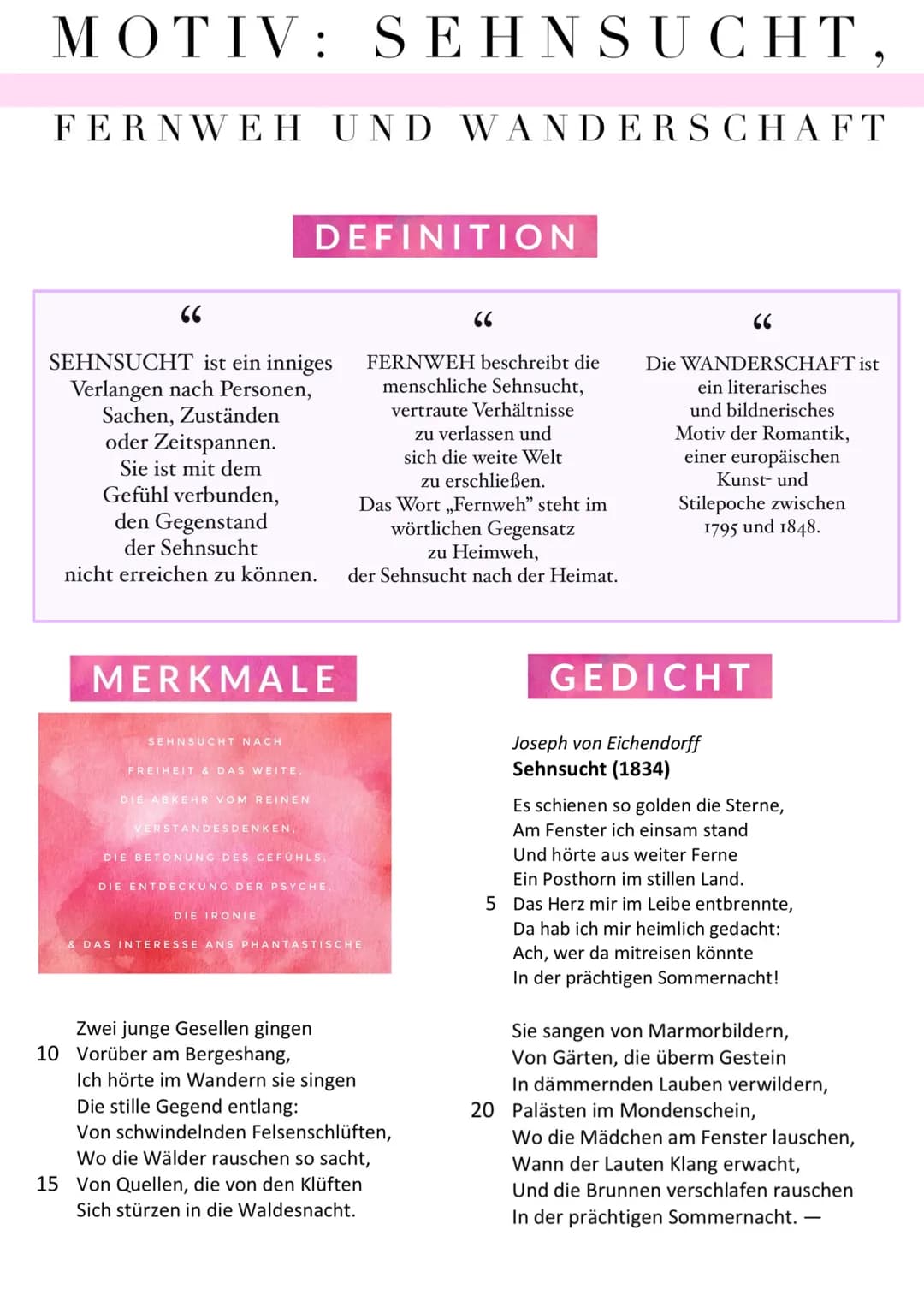 MOTIV: SEHNSUCHT,
FERNWEH UND WANDERSCHAFT
66
SEHNSUCHT ist ein inniges
Verlangen nach Personen,
Sachen, Zuständen
oder Zeitspannen.
Sie ist