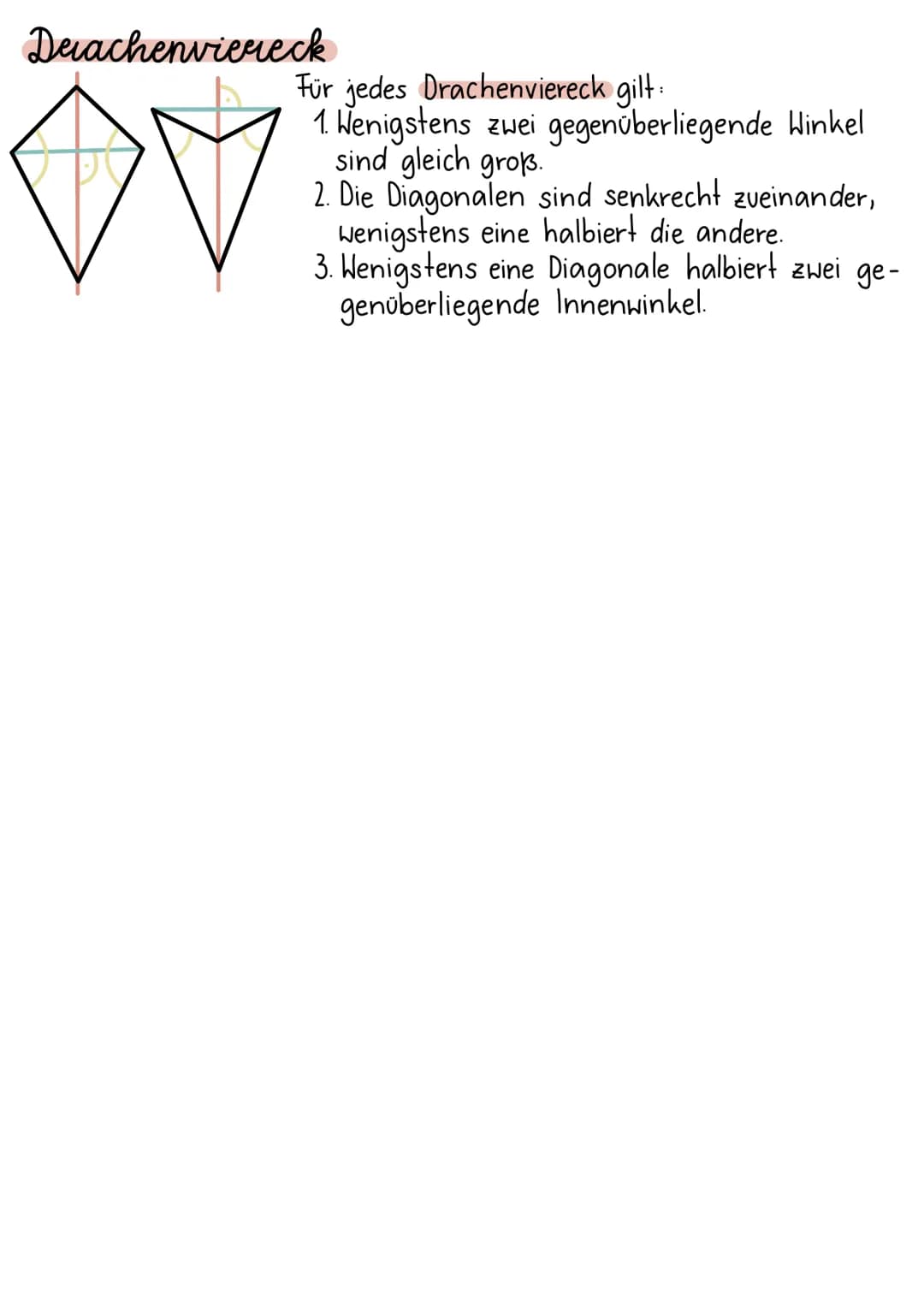 Vierecksarten
Parallelogramm
Rhombus
J
Rechteck
Quadrat
Für jedes Parallelogramm gilt.
1. Gegenüberliegende Seiten sind gleich lang.
2. Gege