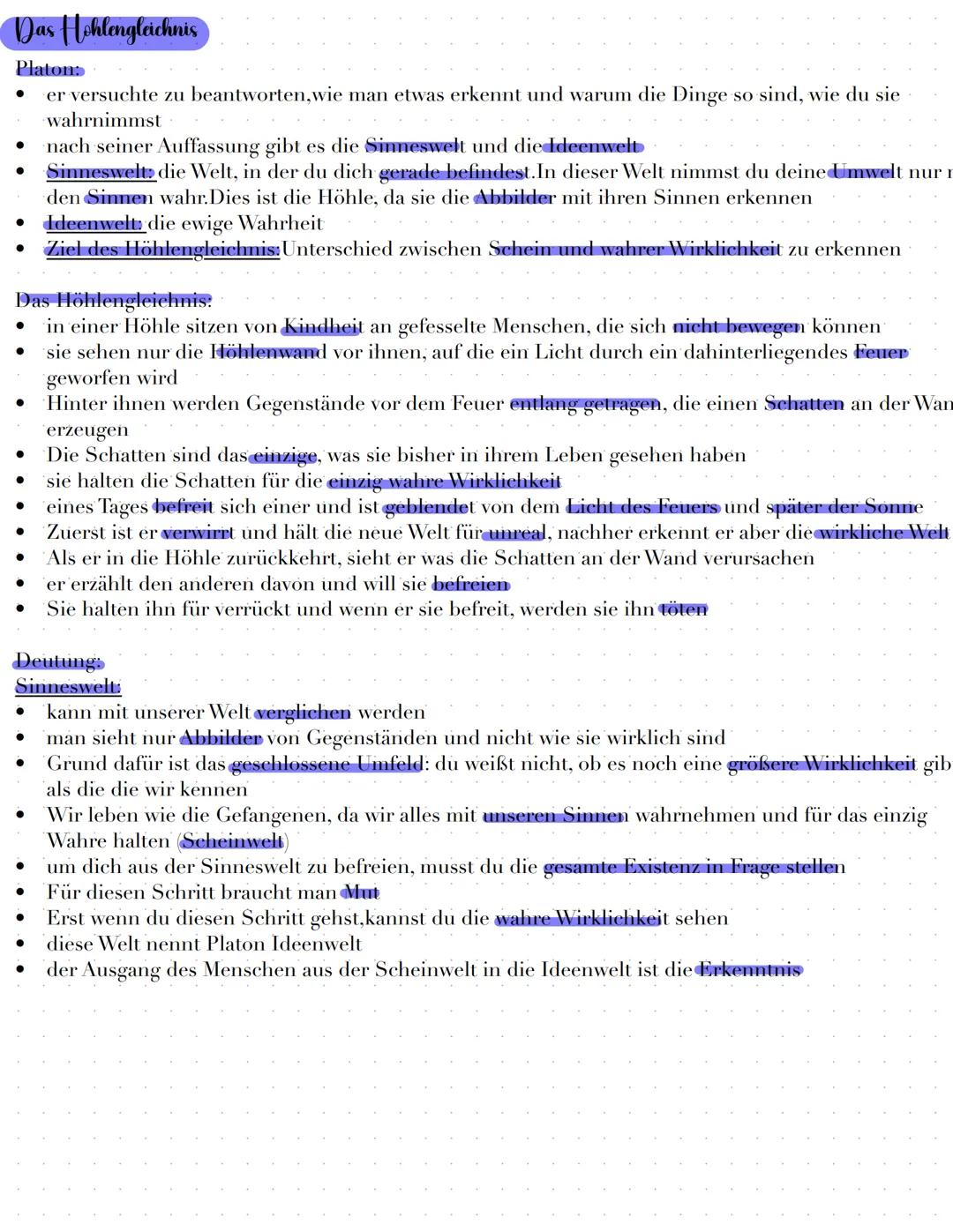 Das Hohlengleichnis
Platons
er versuchte zu beantworten, wie man etwas erkennt und warum die Dinge so sind, wie du sie
wahrnimmst
●
●
• Idee