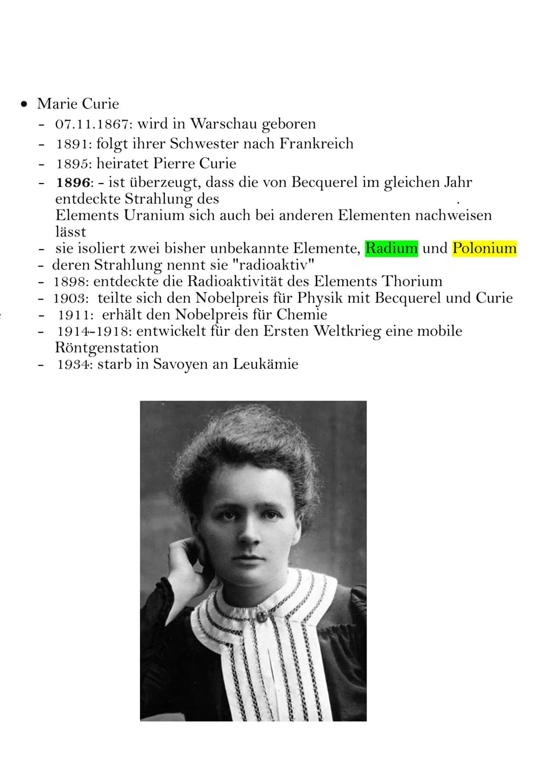 Marie Curie
• 7.11.1867: wird als Marya Sklodowska in Warschau
geboren
• 1883: Sie schließt das Lyzeum mit Auszeichnung
ab. Durch Fehlinvest