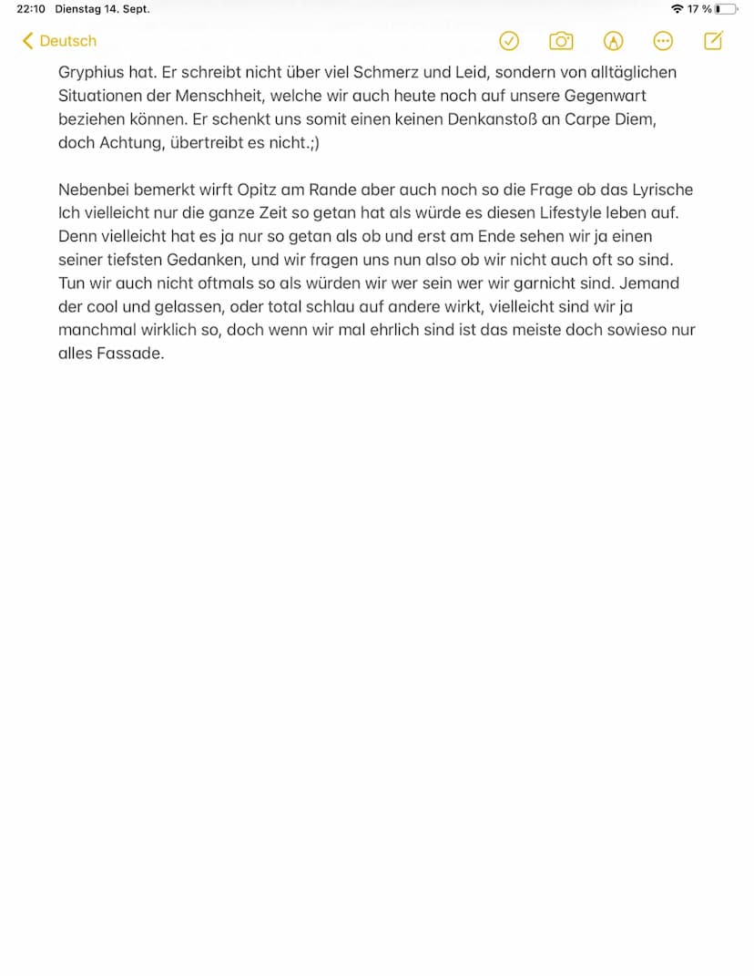 22:07 Dienstag 14. Sept.
Deutsch
Kontext mit einbeziehen und somit auch versuchen das Gedicht zu interpretieren.
18%
Im Allgemeinen erstmal 