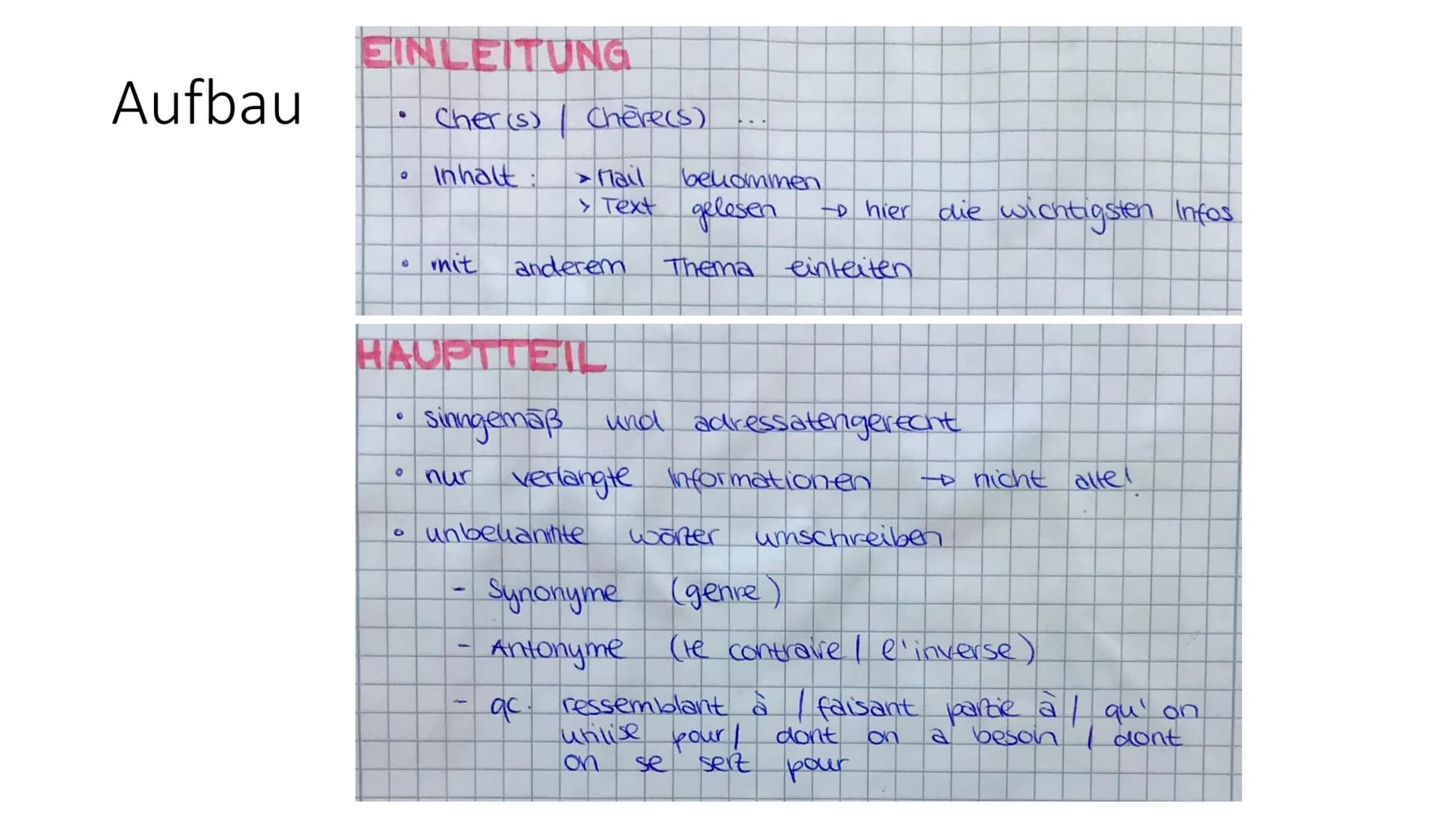 Médiation
Aufbau
Hilfreiche Formulierungen Aufbau
EINLEITUNG
●
Q
·
0
Cher(s)
Inhalt:
0
nit
HAUPTTEIL
Chere(s)
> Mail
bekommen
> Text gelesen