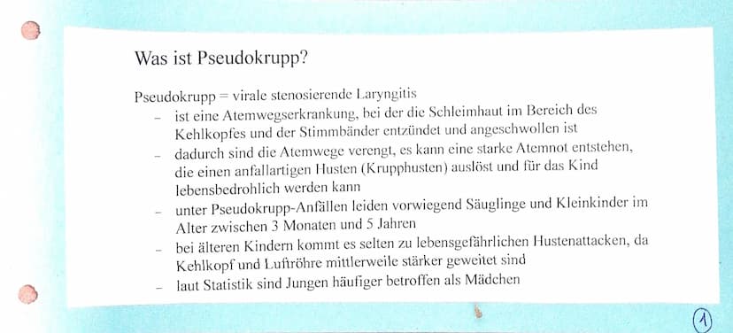 Pseudokrupp (Stenosierende Laryngitis)
Was ist Pseudokrupp?
Atemwegserkrankung, bei der die Schleimhaut im Bereich des Kehlkopfes und der
St