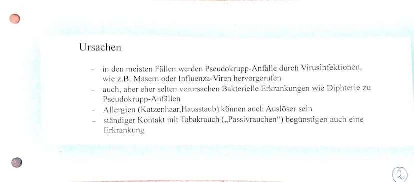 Pseudokrupp (Stenosierende Laryngitis)
Was ist Pseudokrupp?
Atemwegserkrankung, bei der die Schleimhaut im Bereich des Kehlkopfes und der
St