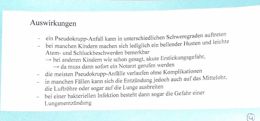 Pseudokrupp (Stenosierende Laryngitis)
Was ist Pseudokrupp?
Atemwegserkrankung, bei der die Schleimhaut im Bereich des Kehlkopfes und der
St