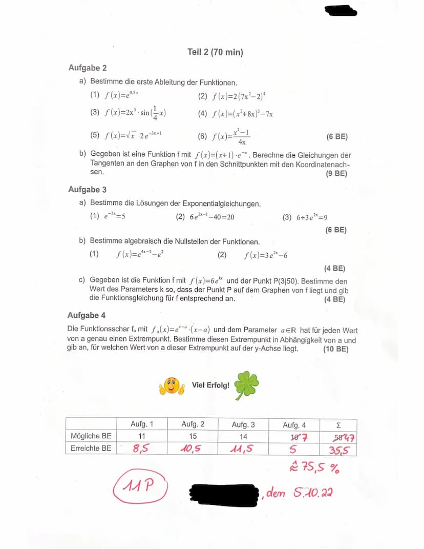 Klausur Nr.1
Verkettung von Funktionen und e-Funktion
Hinweis: Die Bearbeitung ist mit Füller oder Kugelschreiber anzufertigen. Tintenkiller
