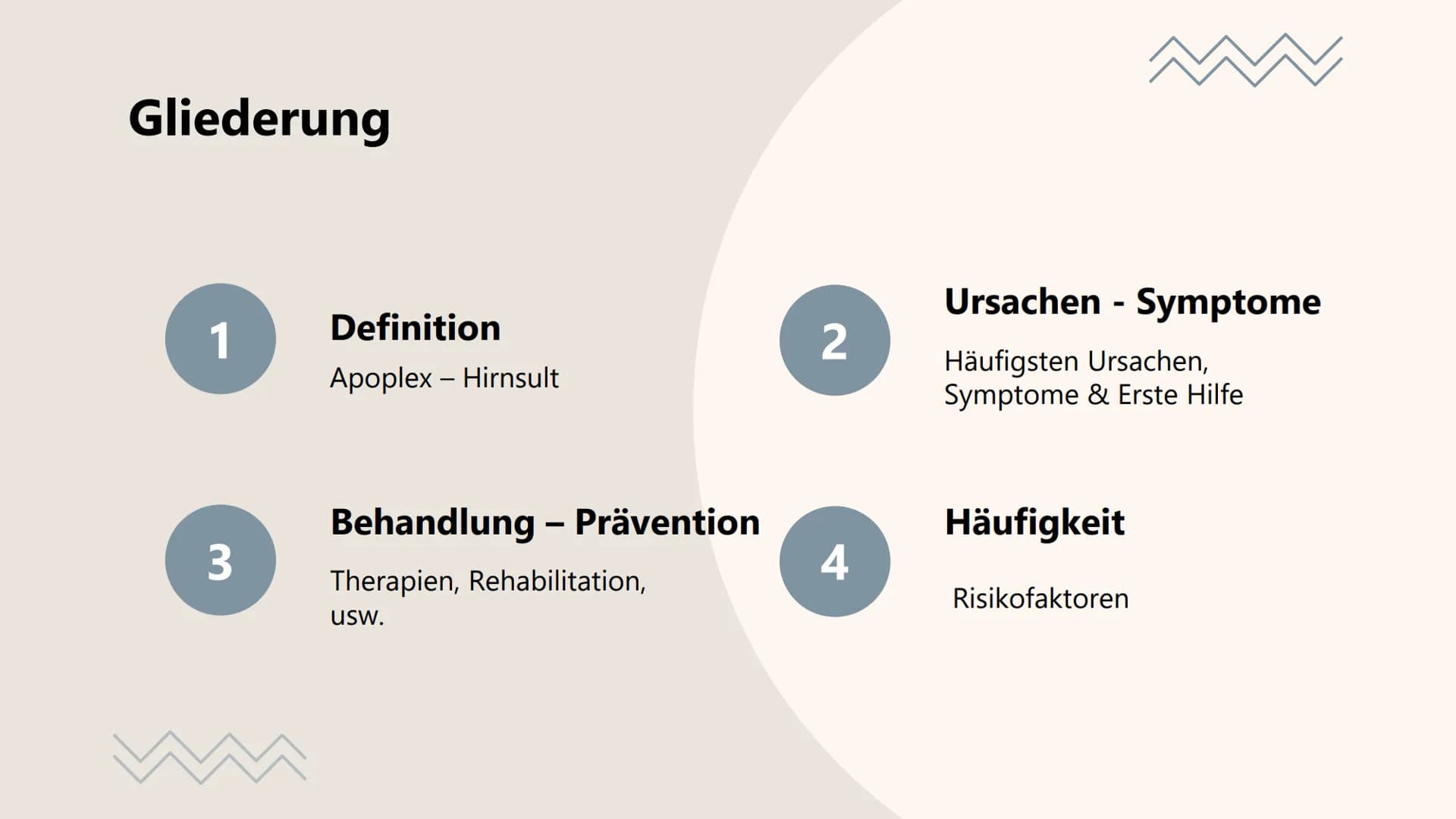 Schlaganfall
Alles rund um den Schlaganfall.
O Gliederung
1
3
Definition
Apoplex - Hirnsult
Behandlung - Prävention
Therapien, Rehabilitatio