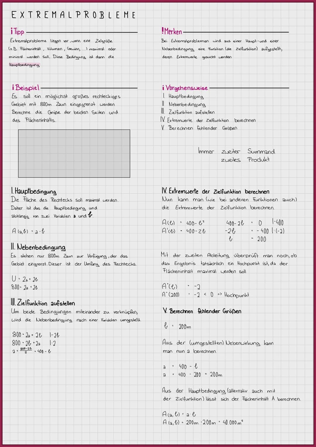 EXTREMAL PROBLEME
i Tipp-
Zielgröße
Extremalprobleme liegen vor, wenn eine
(z. B. Flächeninhalt, Volumen, Gewinn,...) maximal oder
minimal w