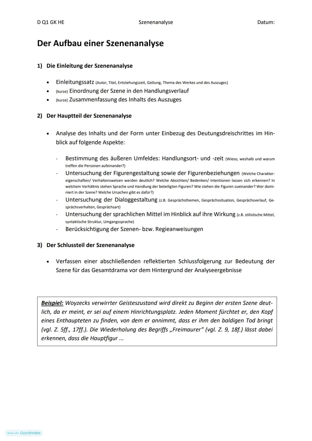 D Q1 GK HE
Der Aufbau einer Szenenanalyse
1) Die Einleitung der Szenenanalyse
●
Szenenanalyse
2) Der Hauptteil der Szenenanalyse
Made with G