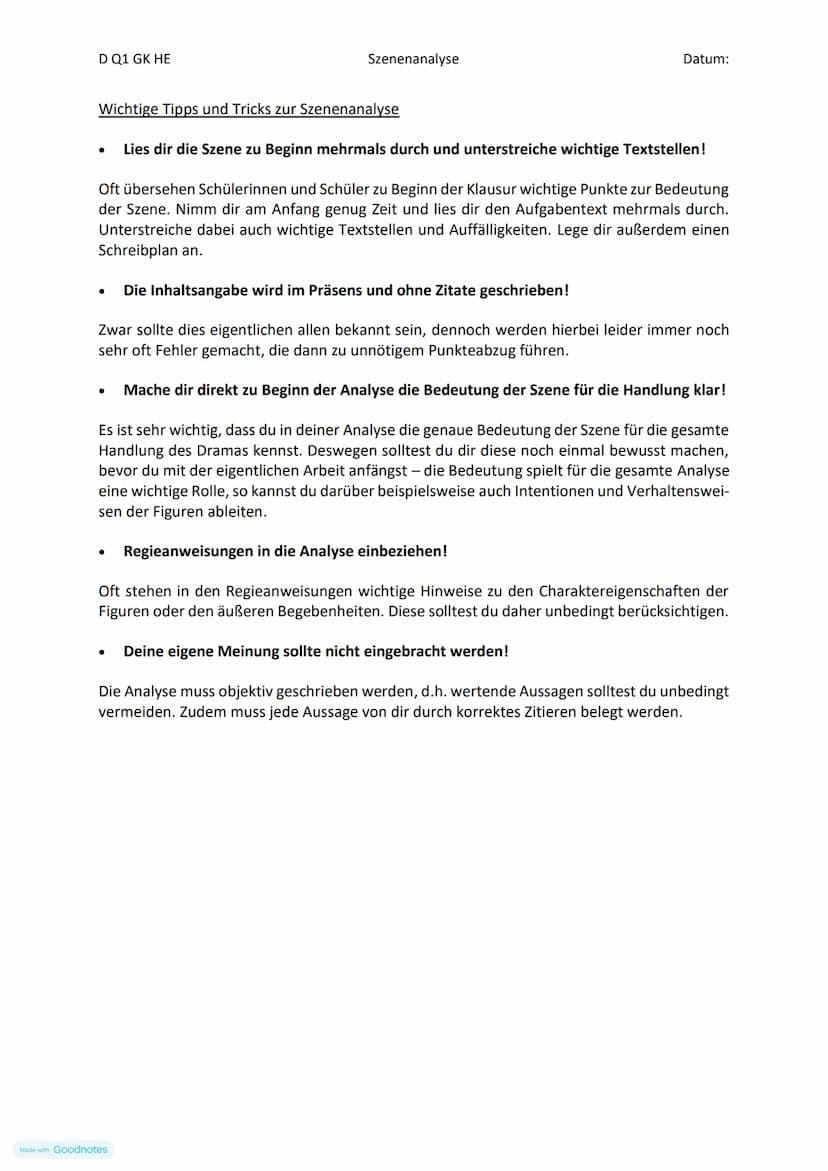 D Q1 GK HE
Der Aufbau einer Szenenanalyse
1) Die Einleitung der Szenenanalyse
●
Szenenanalyse
2) Der Hauptteil der Szenenanalyse
Made with G
