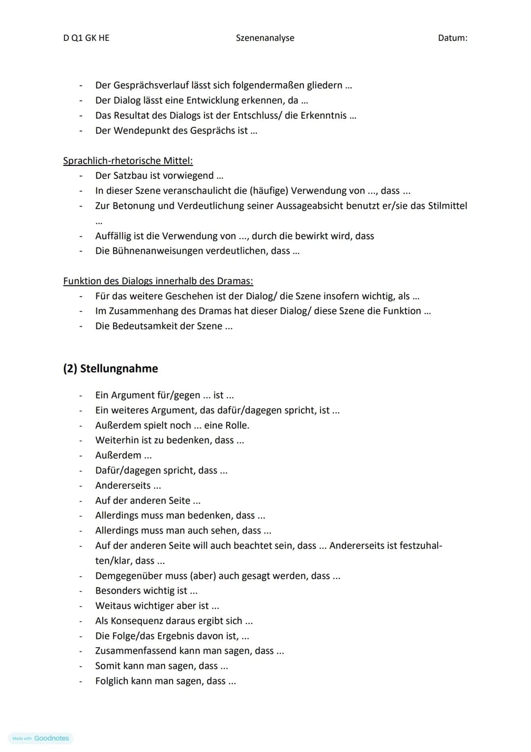 D Q1 GK HE
Der Aufbau einer Szenenanalyse
1) Die Einleitung der Szenenanalyse
●
Szenenanalyse
2) Der Hauptteil der Szenenanalyse
Made with G