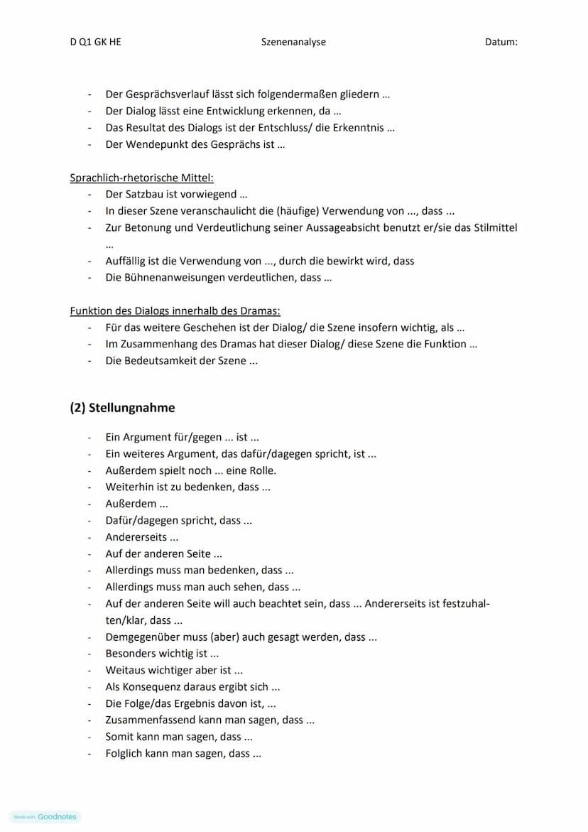 D Q1 GK HE
Der Aufbau einer Szenenanalyse
1) Die Einleitung der Szenenanalyse
●
Szenenanalyse
2) Der Hauptteil der Szenenanalyse
Made with G