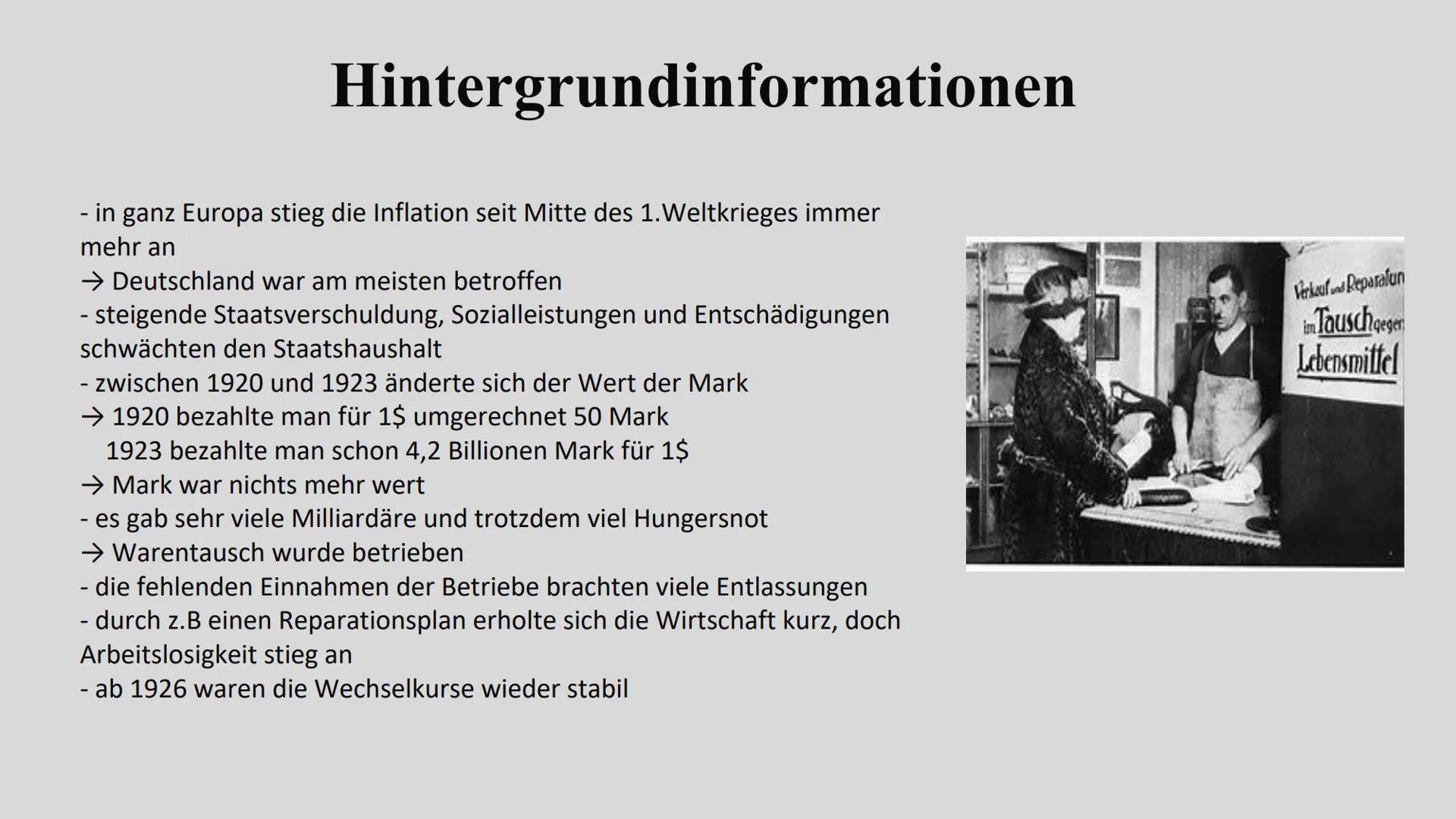Hyperinflation
1923
Adina, Mirja, Kristin, Elisa Themenübersicht
(01)
(03)
(05)
Definition
- Generelle Informationen
Hintergrundinfos
- Poli