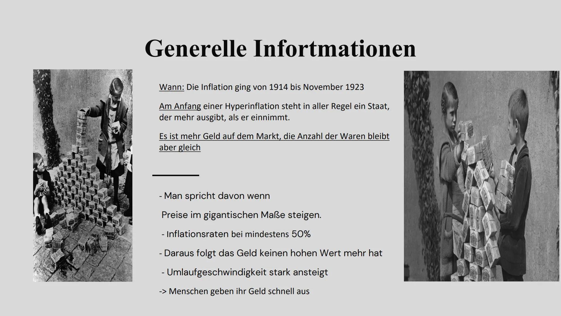 Hyperinflation
1923
Adina, Mirja, Kristin, Elisa Themenübersicht
(01)
(03)
(05)
Definition
- Generelle Informationen
Hintergrundinfos
- Poli