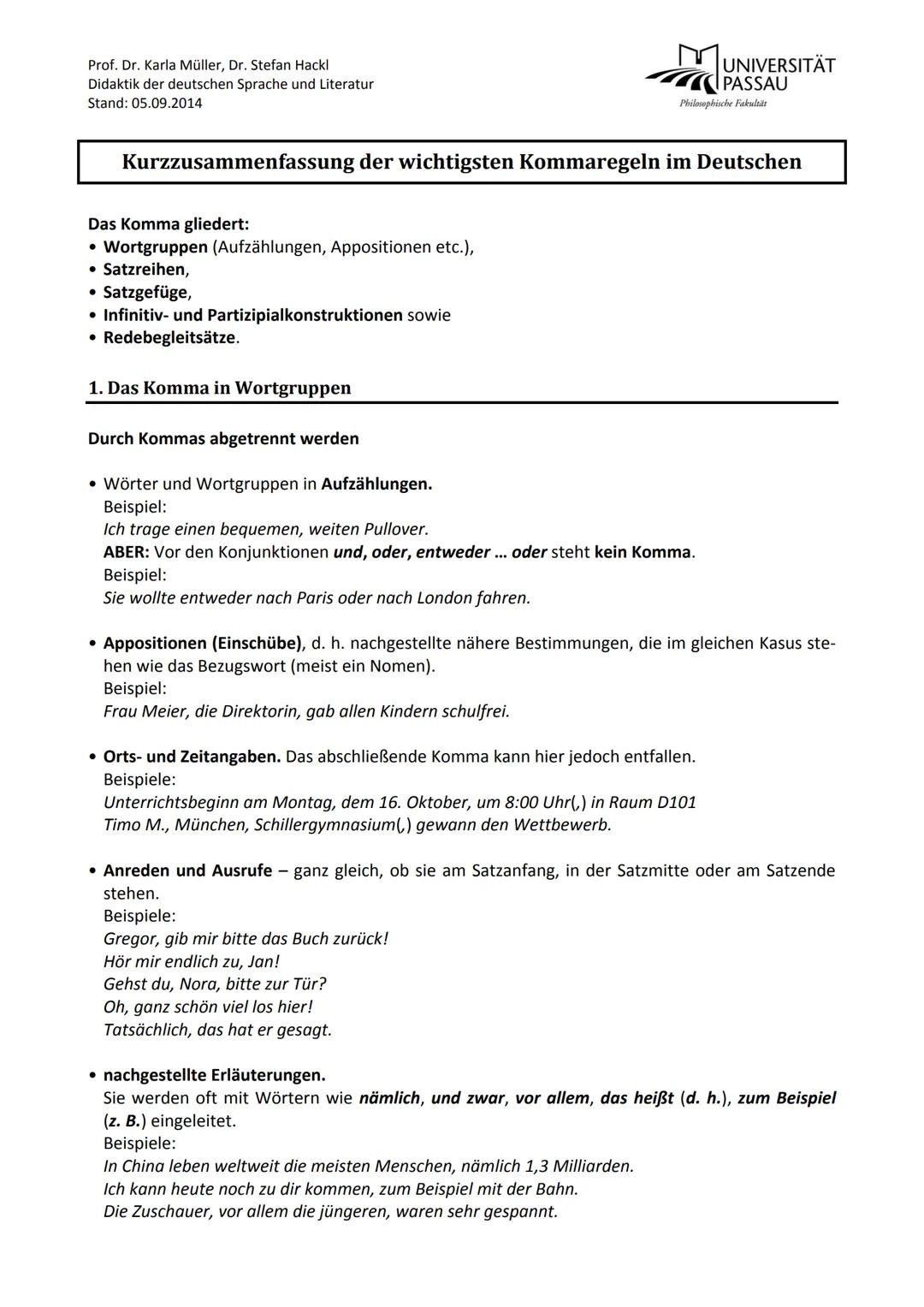 Prof. Dr. Karla Müller, Dr. Stefan Hackl
Didaktik der deutschen Sprache und Literatur
Stand: 05.09.2014
Kurzzusammenfassung der wichtigsten 