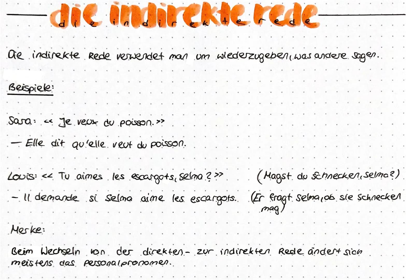 die indirekte rede
Die indirekte Rede verwendet man um wiederzugeben, was andere sagen.
Beispiele:
Sara: << Je veux du poisson. >>
Elle dit 
