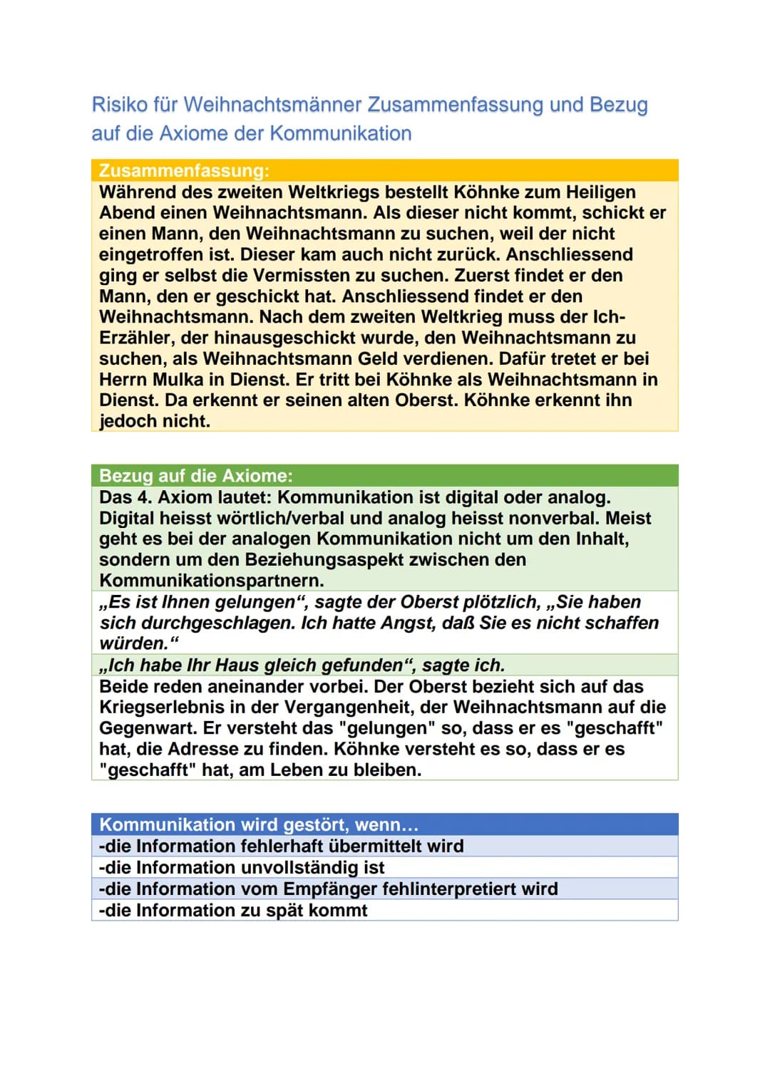 Risiko für Weihnachtsmänner Zusammenfassung und Bezug
auf die Axiome der Kommunikation
Zusammenfassung:
Während des zweiten Weltkriegs beste