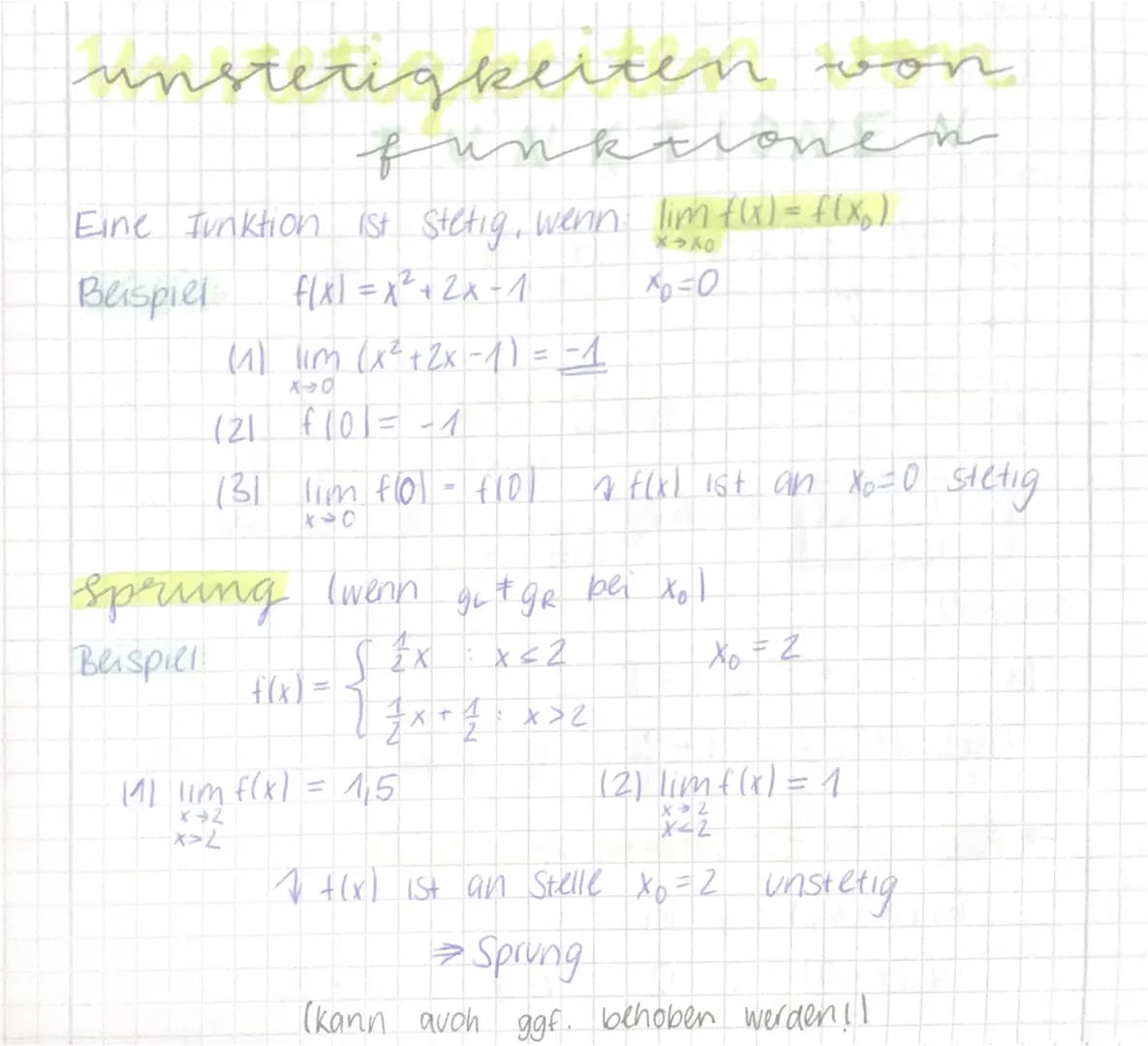 unsterigkeiten won
funktionen
Eine funktion ist stetig, wenn lim f(x) = f(x₂)
X-X0
Beispiel
f(x) = x² + 2x-1
x=0
(1) lim (x² + 2x - 1) = -1

