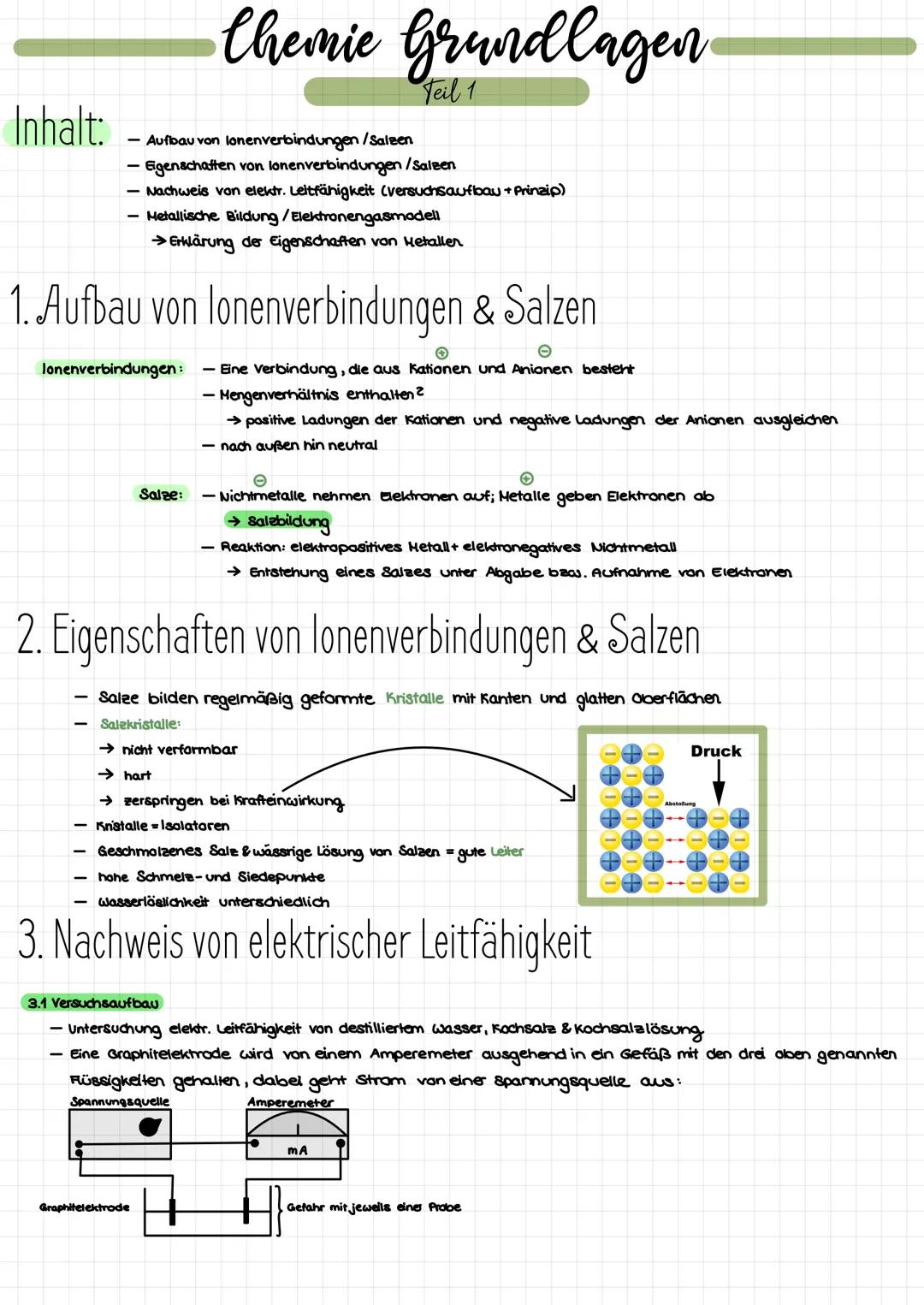 Inhalt:
- Aufbau von lonenverbindungen/Salzen
- Eigenschaften von lonenverbindungen /Saleen
- Nachweis von elektr. Leitfähigkeit (versuchsau
