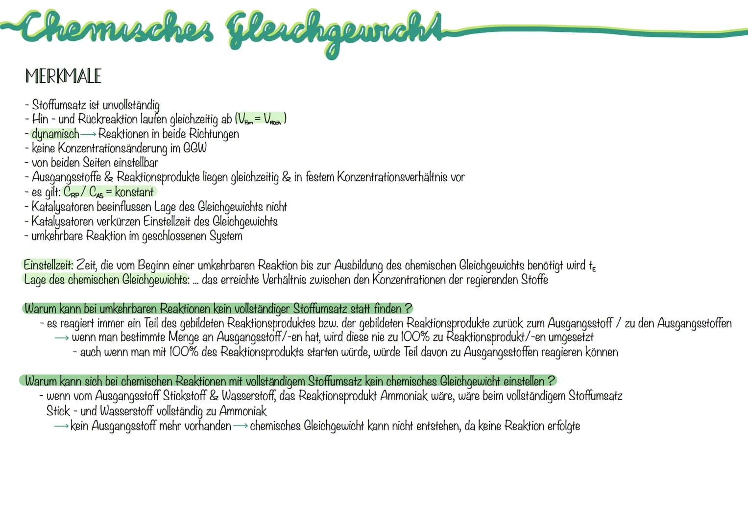 ~Chemisches Gleichgewicht
MERKMALE
- Stoffumsatz ist unvollständig
Hin- und Rückreaktion laufen gleichzeitig ab (Vin= k)
- dynamisch Reaktio