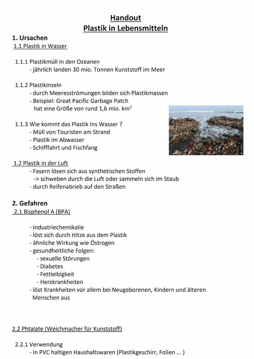 1. Ursachen
1.1 Plastik in Wasser
1.1.1 Plastikmüll in den Ozeanen
- jährlich landen 30 mio. Tonnen Kunststoff im Meer
1.1.2 Plastikinseln
H